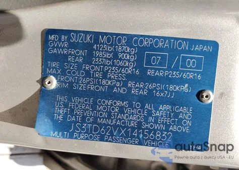 2001 Suzuki Grand Vitara Jx из США, поврежденный, VIN JS3TD62VX14156832